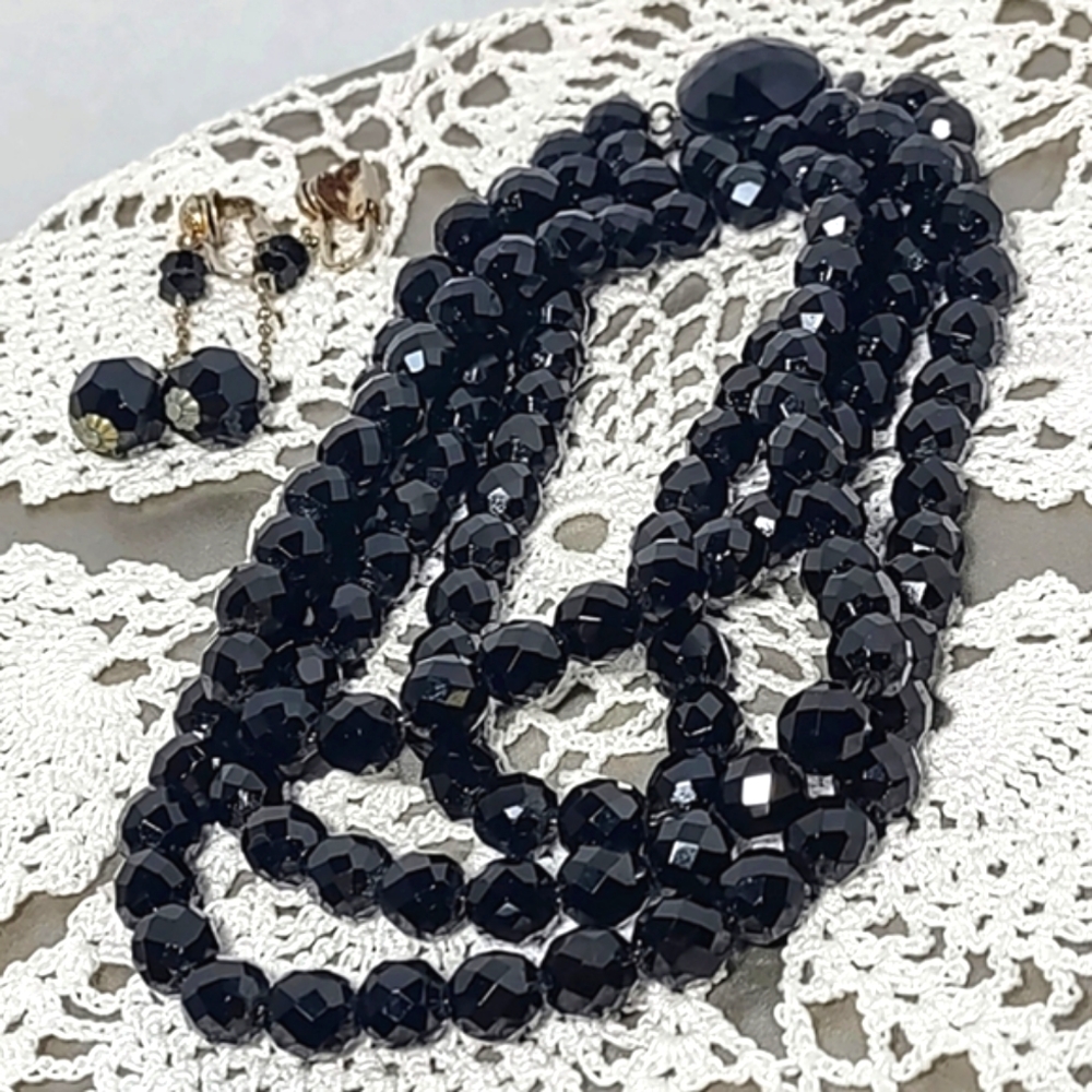 Vintage MCM Jewelry Necklace Dangle Clip on Earrings Set Black Beads Jewelery
